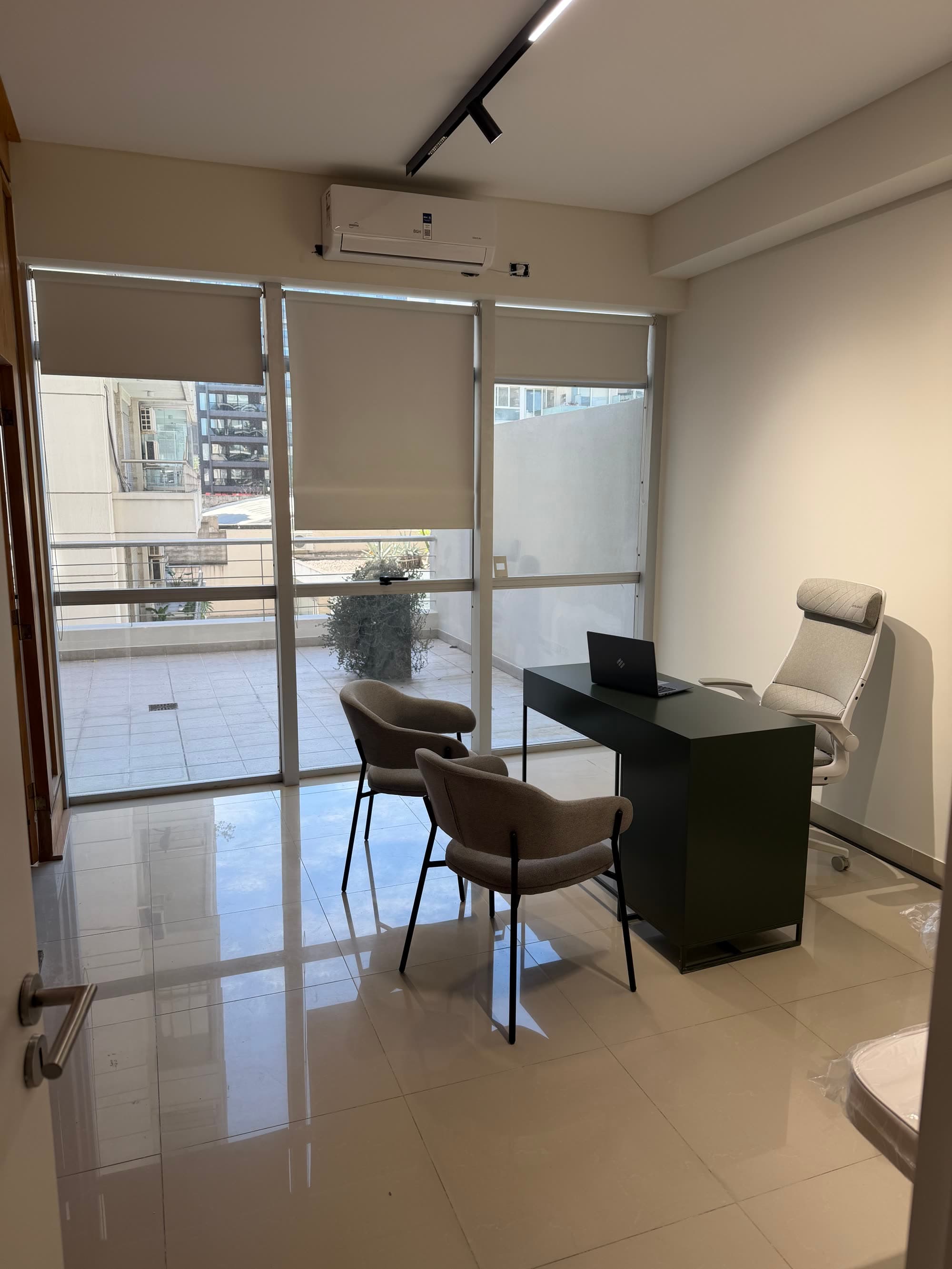 Consultorio de 5779 · Espacio Médico en Av. Córdoba 5779, Palermo Hollywood: escritorio, sillas y ventanal de piso a techo con salida a la terraza
