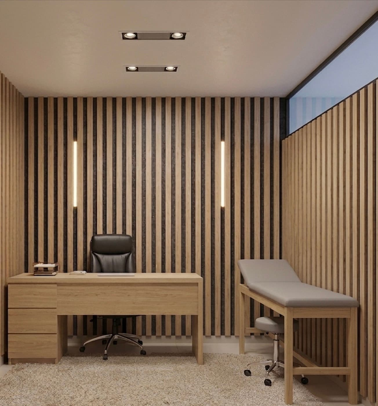 Render del Consultorio 02 con revestimiento en listones de madera, escritorio y camilla