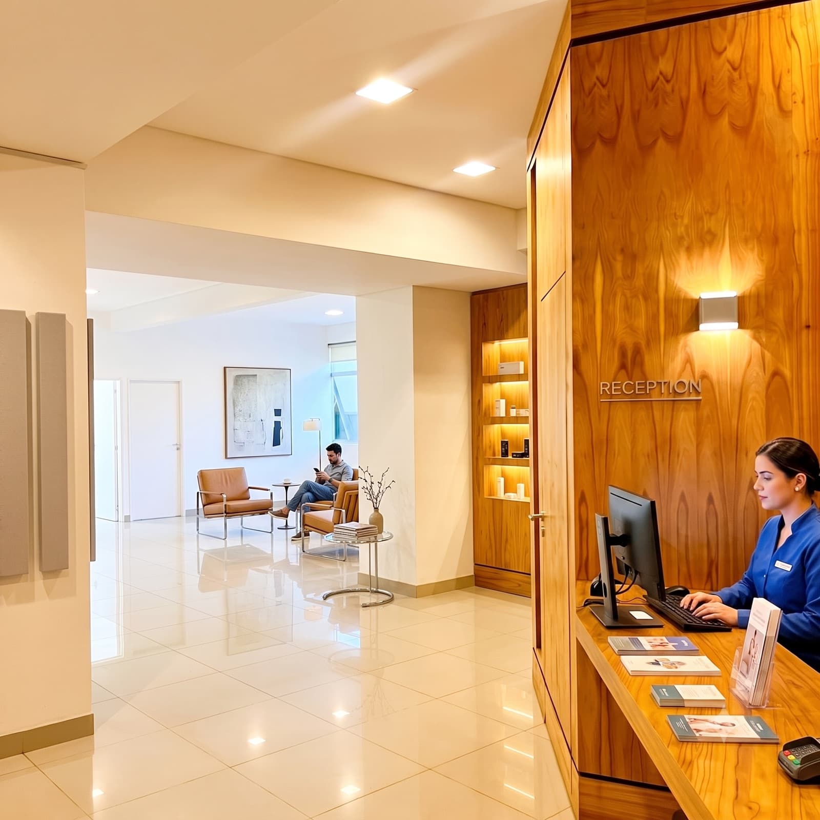 Render de la recepción del centro, con mostrador de madera y sala de espera