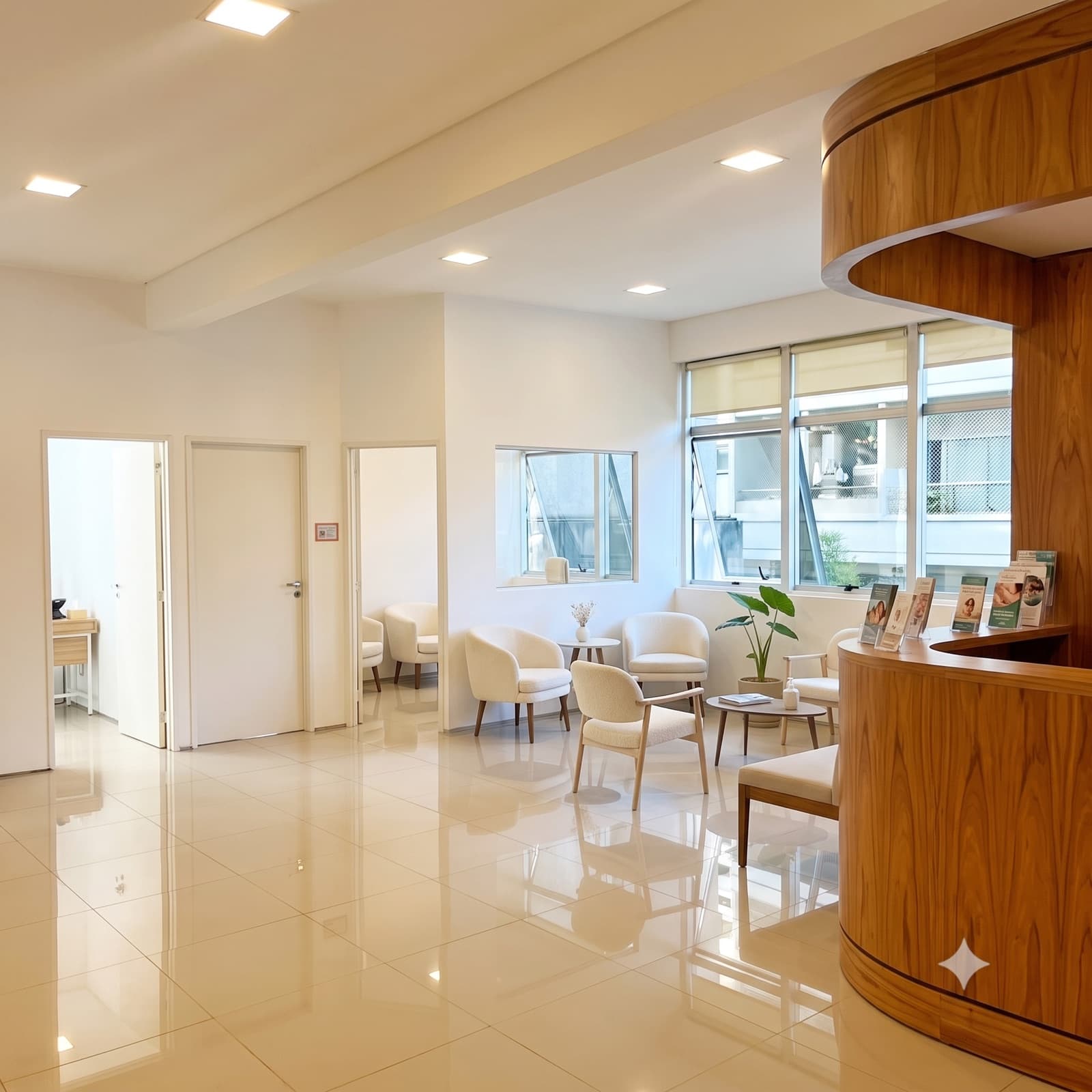 Render de la sala de espera, con sillones y recepción de madera