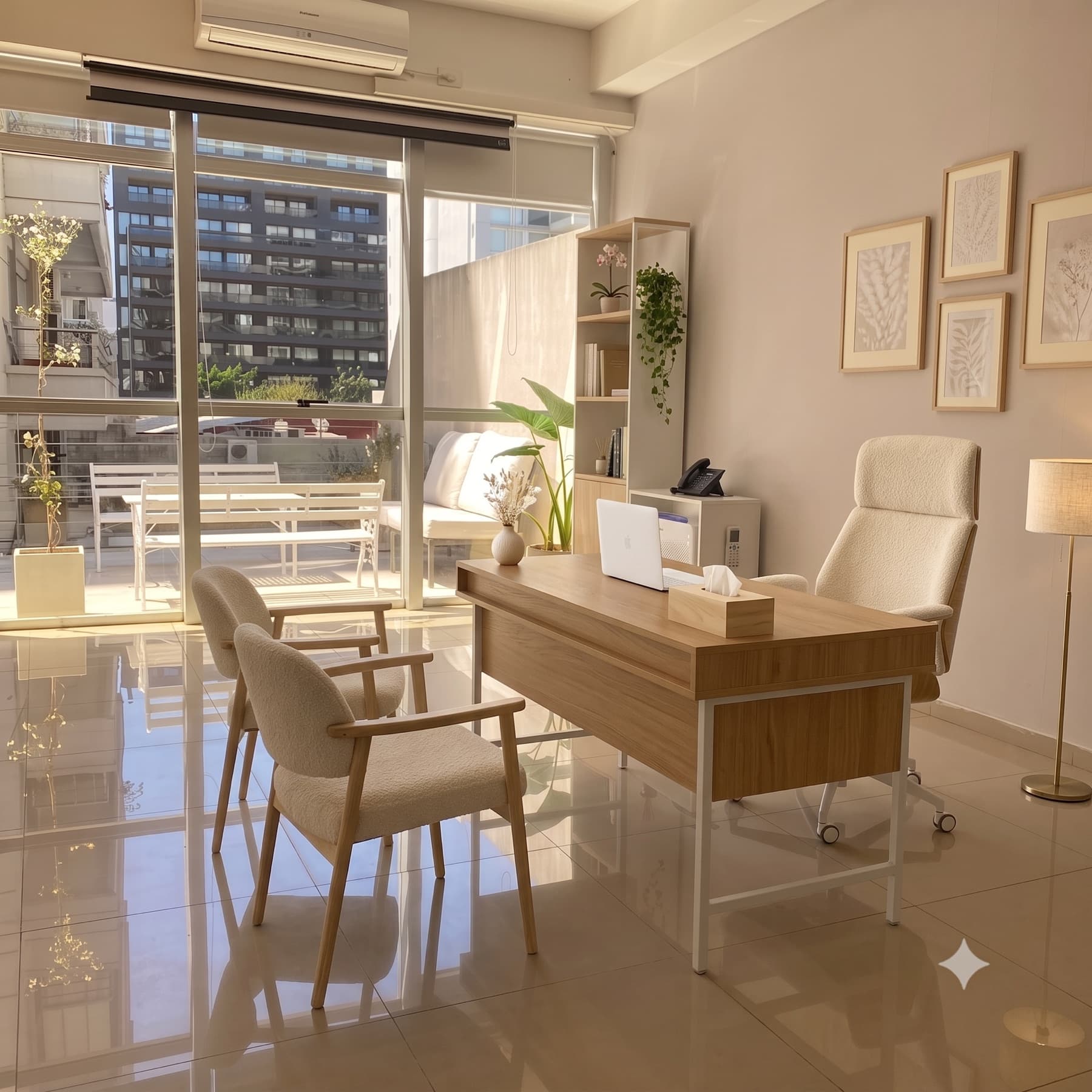 Consultorio Premium: el consultorio más amplio del piso, con sector de reunión y abundante luz natural